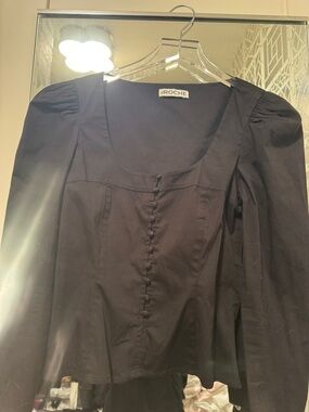 IROCHE Black Puff-Sleeve Button Front Blouse